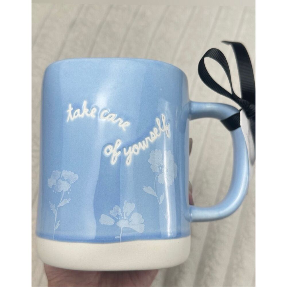 NWT Rae Dunn Take care of yourself Light Blue w/White Letters Ceramic Glossy Mug